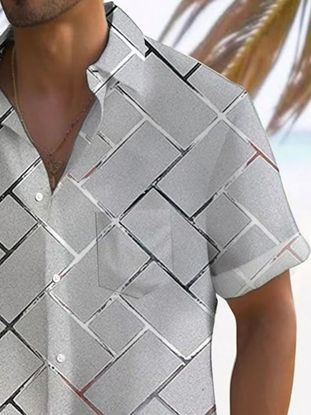 Retro Geometric 3D Tech Print Men's Button Pocket Short Sleeve Shirt