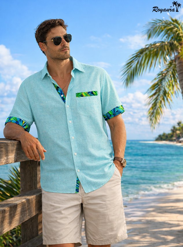 Hawaii Basic Textured Floral Print Men's Button-Down Short-Sleeve Shirt Big & Tall