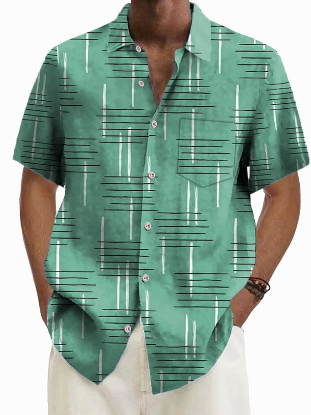 Retro Geometric Print Men's Button Pocket Short Sleeve Shirt