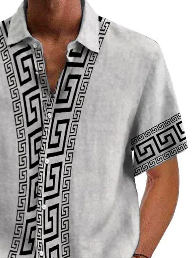 Retro Geometric Baroque Style Print Men's Button Pocket Short Sleeve Shirt