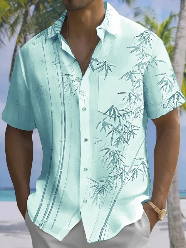 Vintage Bamboo Leaf 3D Digital Print Men's Button Pocket Short Sleeve Shirt Big & Tall