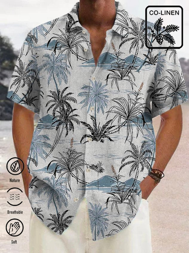 Cotton Linen Nature  Fiber Hawaiian Coconut Tree Blue Print Chest Bag Shirt Plus Size Holiday Shirt