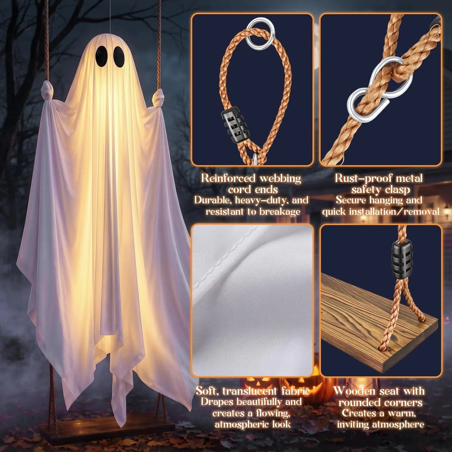 👻 5FT Hanging Halloween Ghost Decoration – Swinging Outdoor Yard Decor for Spooky Night Fun