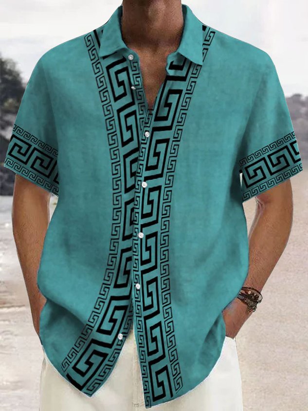 Retro Geometric Baroque Style Print Men's Button Pocket Short Sleeve Shirt