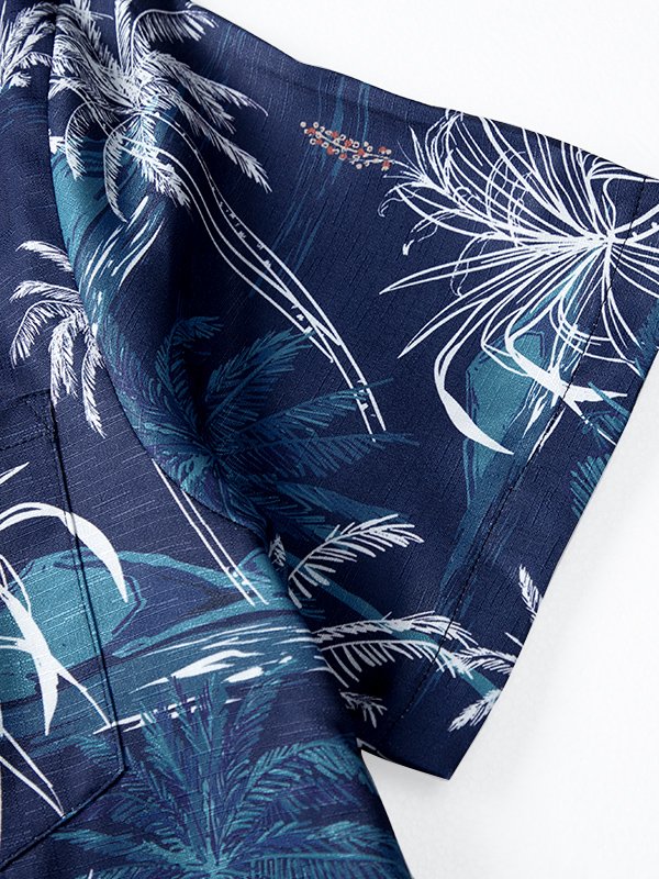 Cotton Linen Nature  Fiber Hawaiian Coconut Tree Blue Print Chest Bag Shirt Plus Size Holiday Shirt