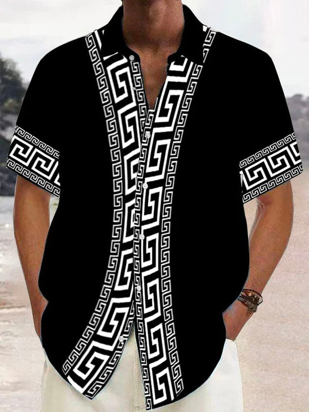 Retro Geometric Baroque Style Print Men's Button Pocket Short Sleeve Shirt