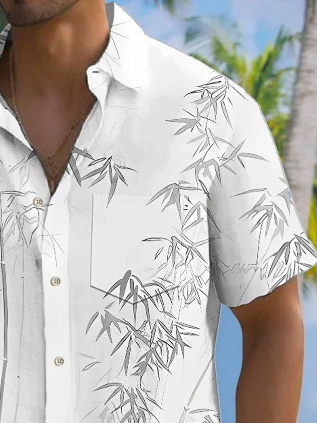 Vintage Bamboo Leaf 3D Digital Print Men's Button Pocket Short Sleeve Shirt Big & Tall