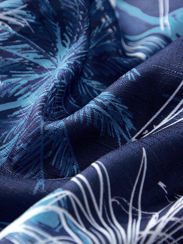 Cotton Linen Nature  Fiber Hawaiian Coconut Tree Blue Print Chest Bag Shirt Plus Size Holiday Shirt