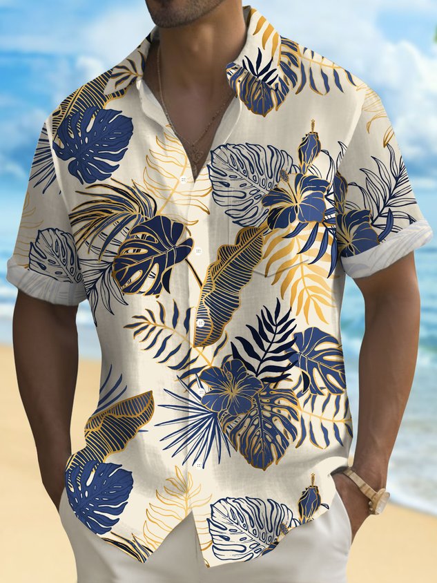 Hawaiian Plant Golden Leaves 3D Print Men's Button Pocket Short Sleeve Shirt