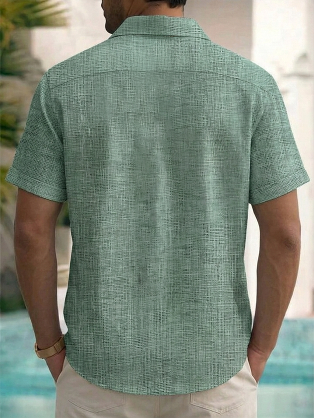 Men's Retro Textured Solid Green Casual Short Sleeve Button Down Hawaiian Shirt Big & Tall