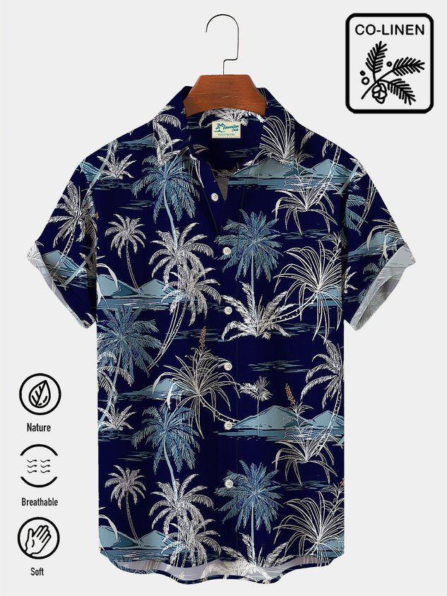 Cotton Linen Nature  Fiber Hawaiian Coconut Tree Blue Print Chest Bag Shirt Plus Size Holiday Shirt