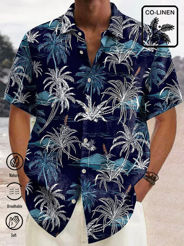 Cotton Linen Nature  Fiber Hawaiian Coconut Tree Blue Print Chest Bag Shirt Plus Size Holiday Shirt