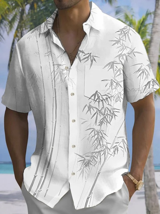 Vintage Bamboo Leaf 3D Digital Print Men's Button Pocket Short Sleeve Shirt Big & Tall