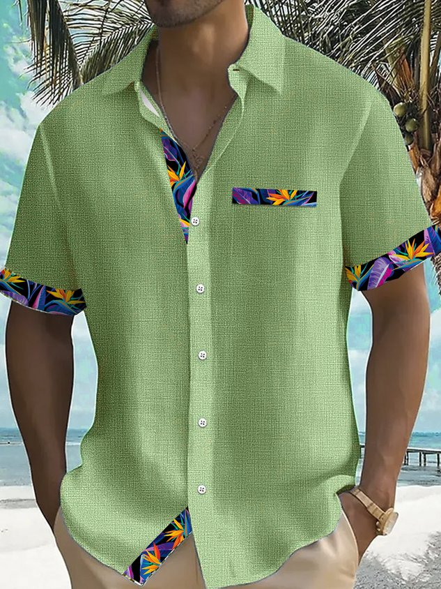 Vintage Hawaiian Floral Print Men's Button Pocket Short Sleeve Shirt Big & Tall