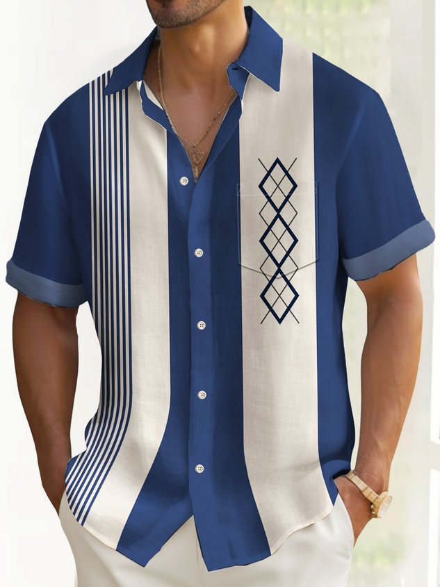 50's Vintage Men's Bowling Shirts Mid-Century Geometric Art Pocket Camp Shirt Big & Tall
