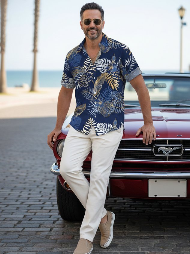 Hawaiian Plant Golden Leaves 3D Print Men's Button Pocket Short Sleeve Shirt