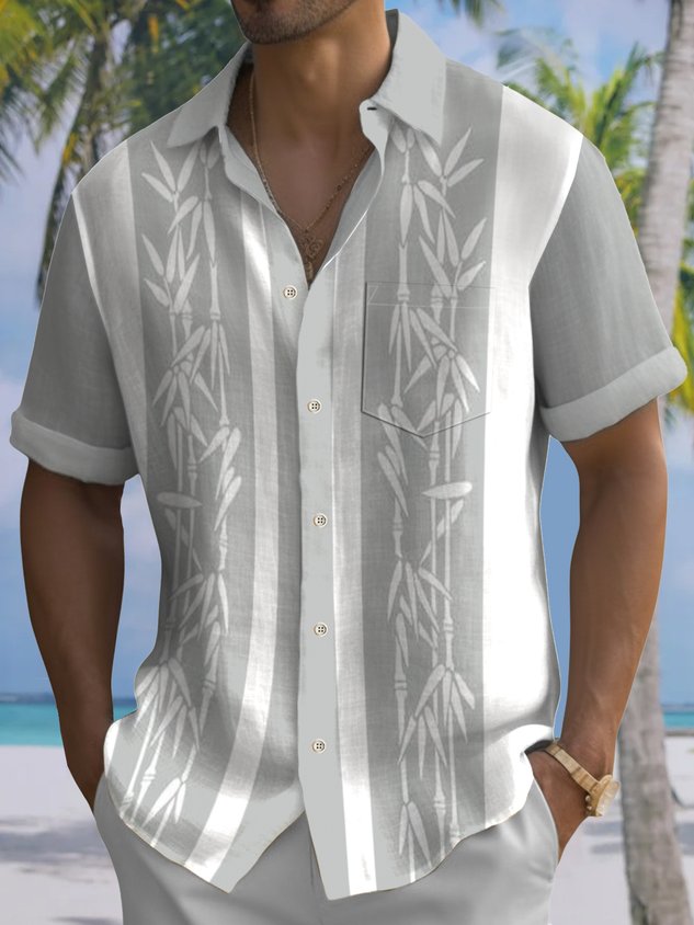 Pocket Vintage Bowling Plant Bamboo Print Beach Men's Hawaiian Big And Tall Shirt