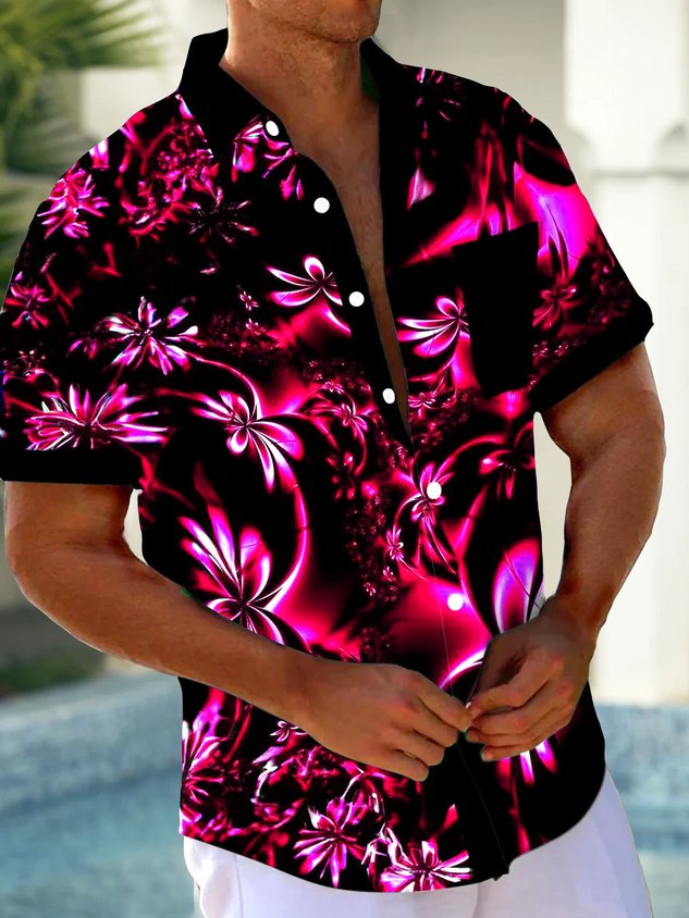Hawaiian Floral 3D Print Men's Button Pocket Short Sleeve Shirt